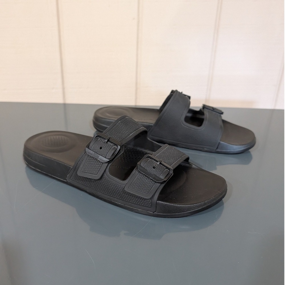 FitFlop iQushion Mens Black Adjustable Buckle Pool Slide Sandals EU 42 Mens 9‎